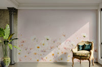 Pastel pink blossom meadow mural in living room

