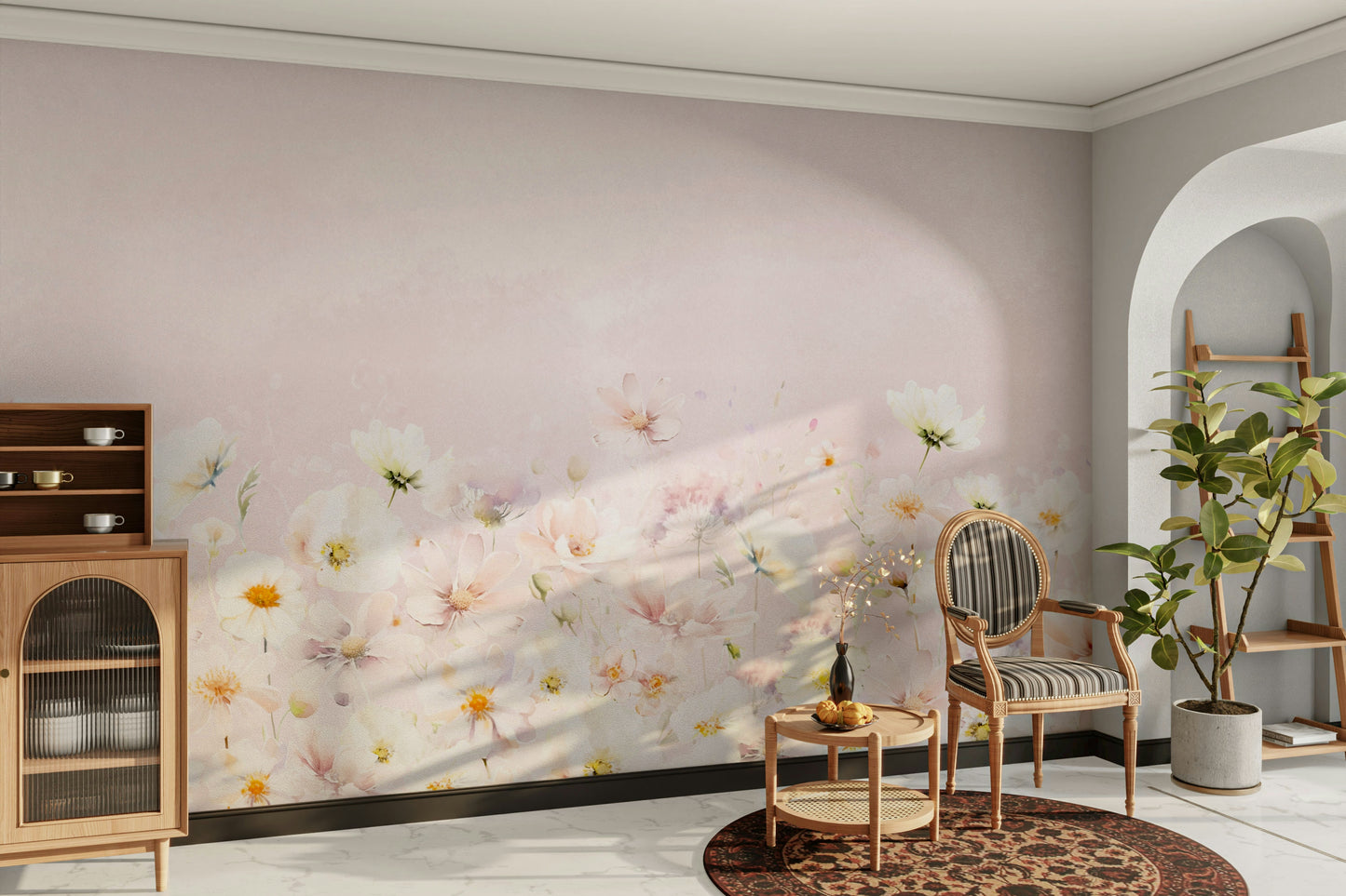 Blush floral meadow mural creating calm ambiance

