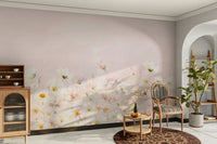 Blush floral meadow mural creating calm ambiance

