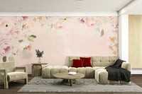 Soft pink rose border mural adding charm to living room

