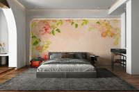 Floral wall mural featuring peach rose blossoms

