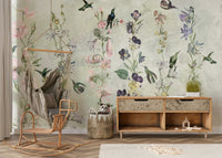 Garden escape mural with trees, flowers, and soft light

