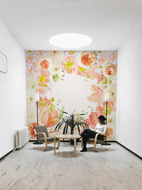 Delicate pastel gradient wall mural in a cozy living room

