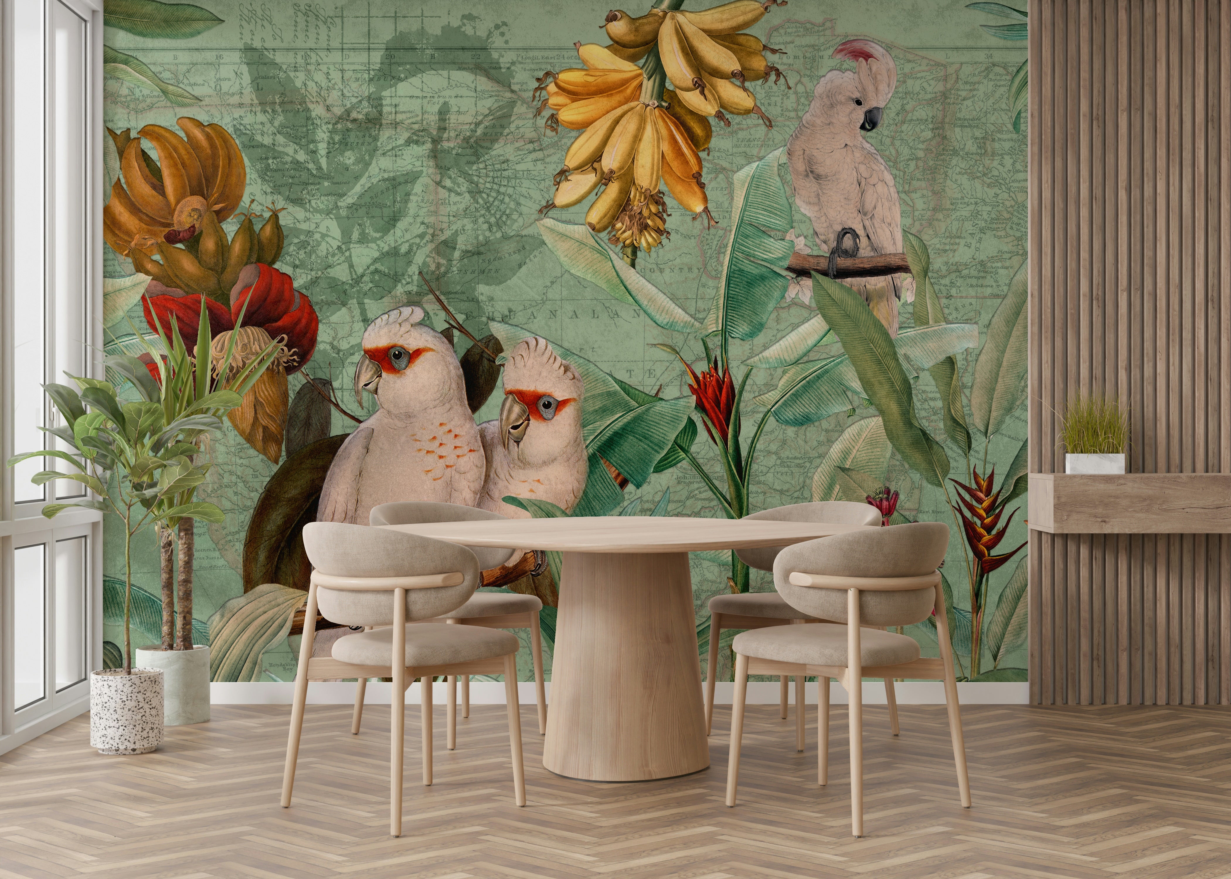 Retro style tropical wall mural featuring exotic plants

