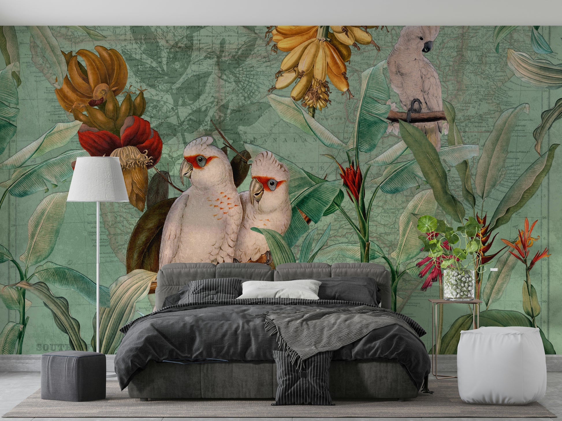 Antique tropical voyage wallpaper showing lush greenery

