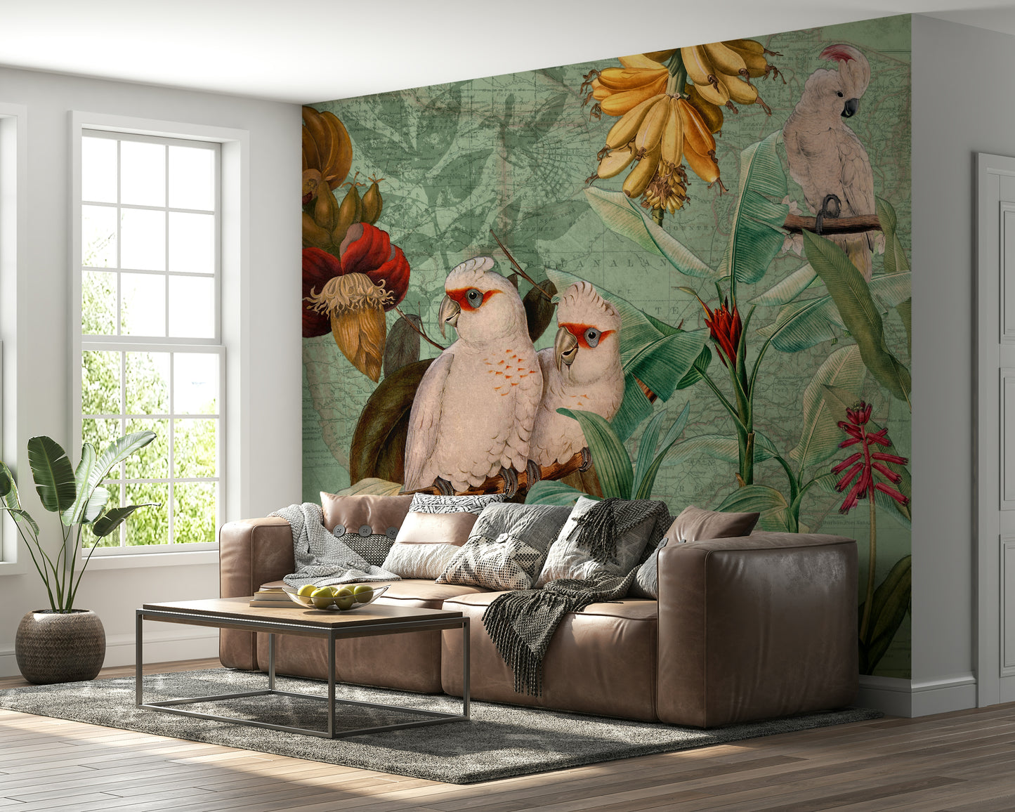 Classic vintage tropical mural with sailboats and ocean

