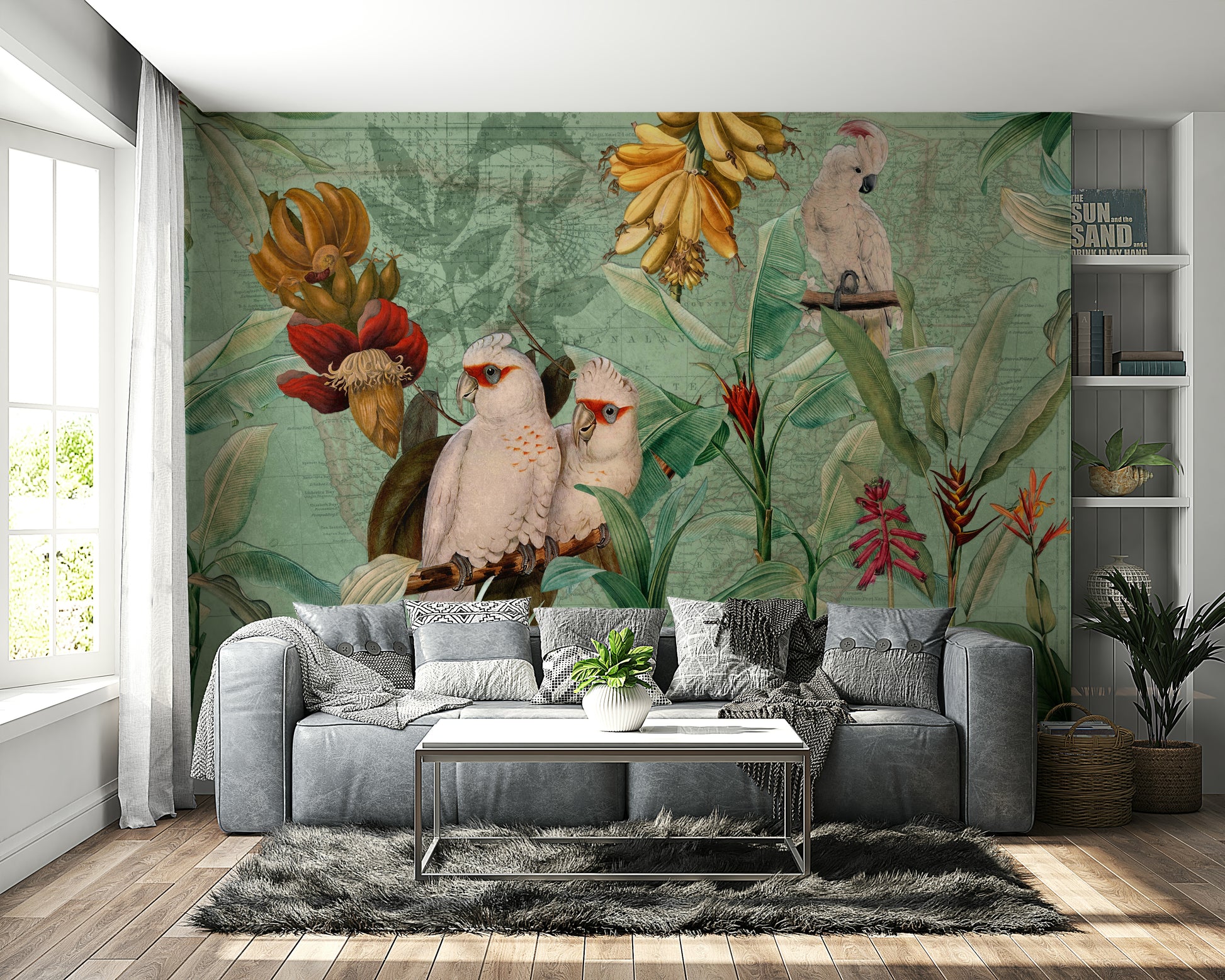 Vintage tropical beach mural with detailed foliage

