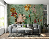 Vintage tropical beach mural with detailed foliage

