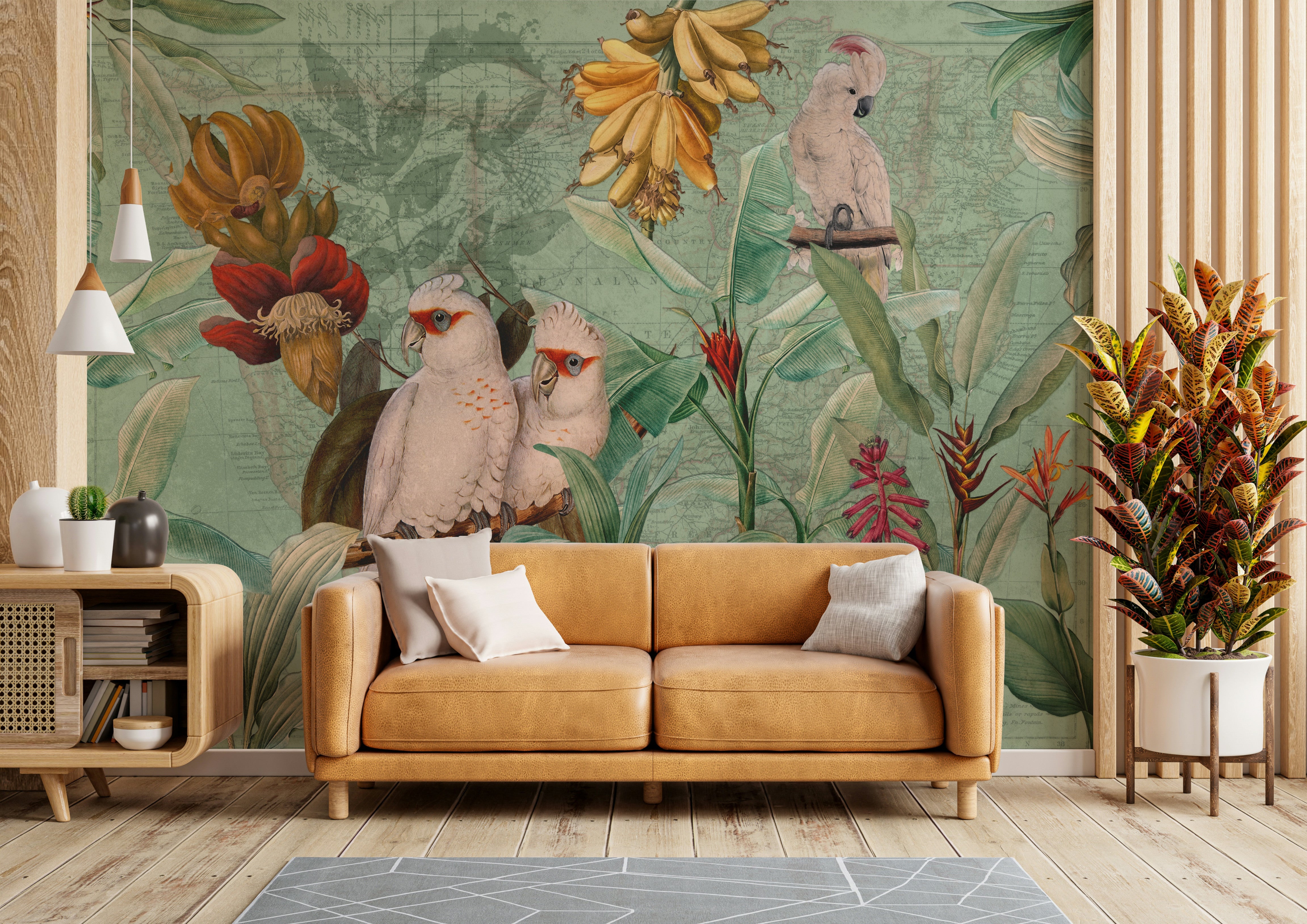 Nostalgic tropical mural with sea and palm motifs

