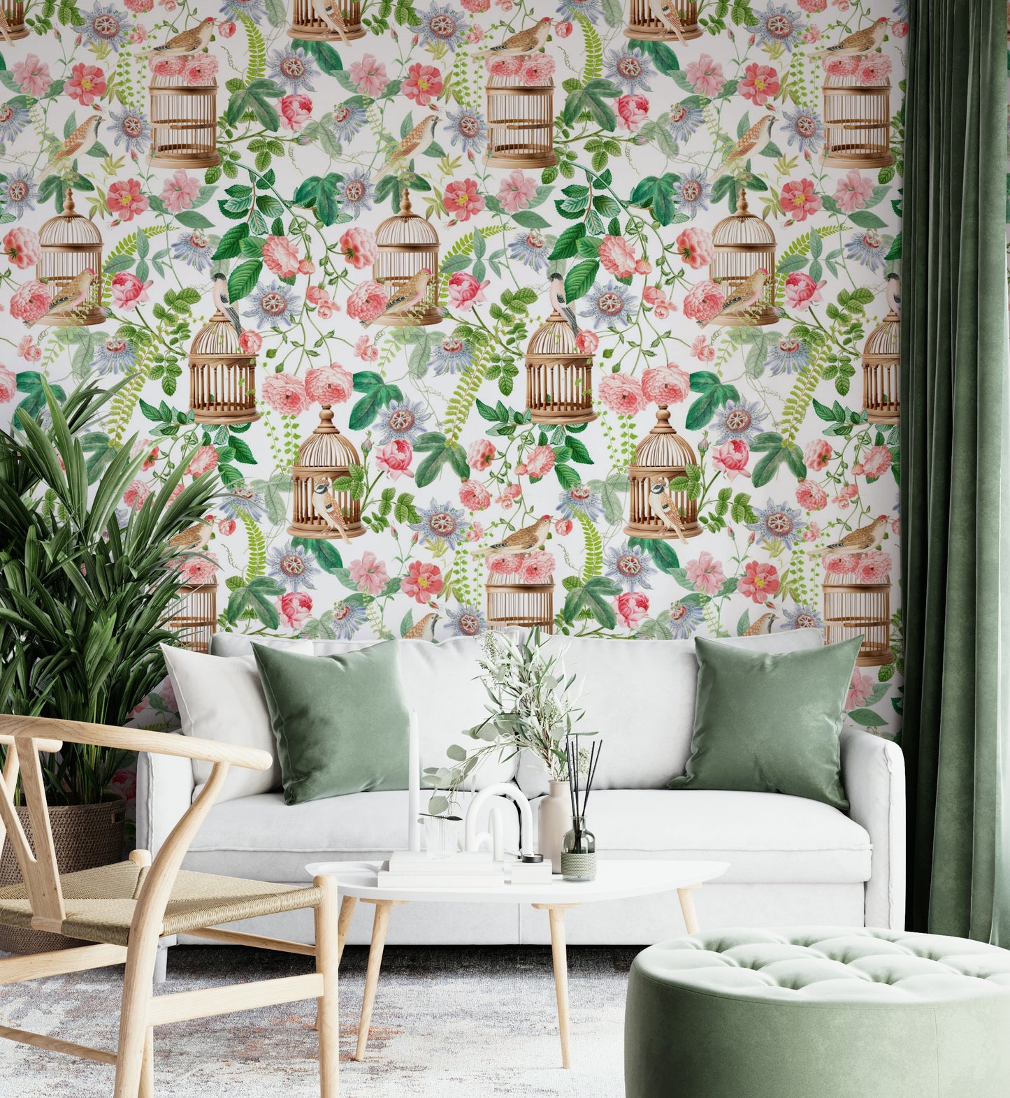 Classic bird and rose floral wallpaper pattern

