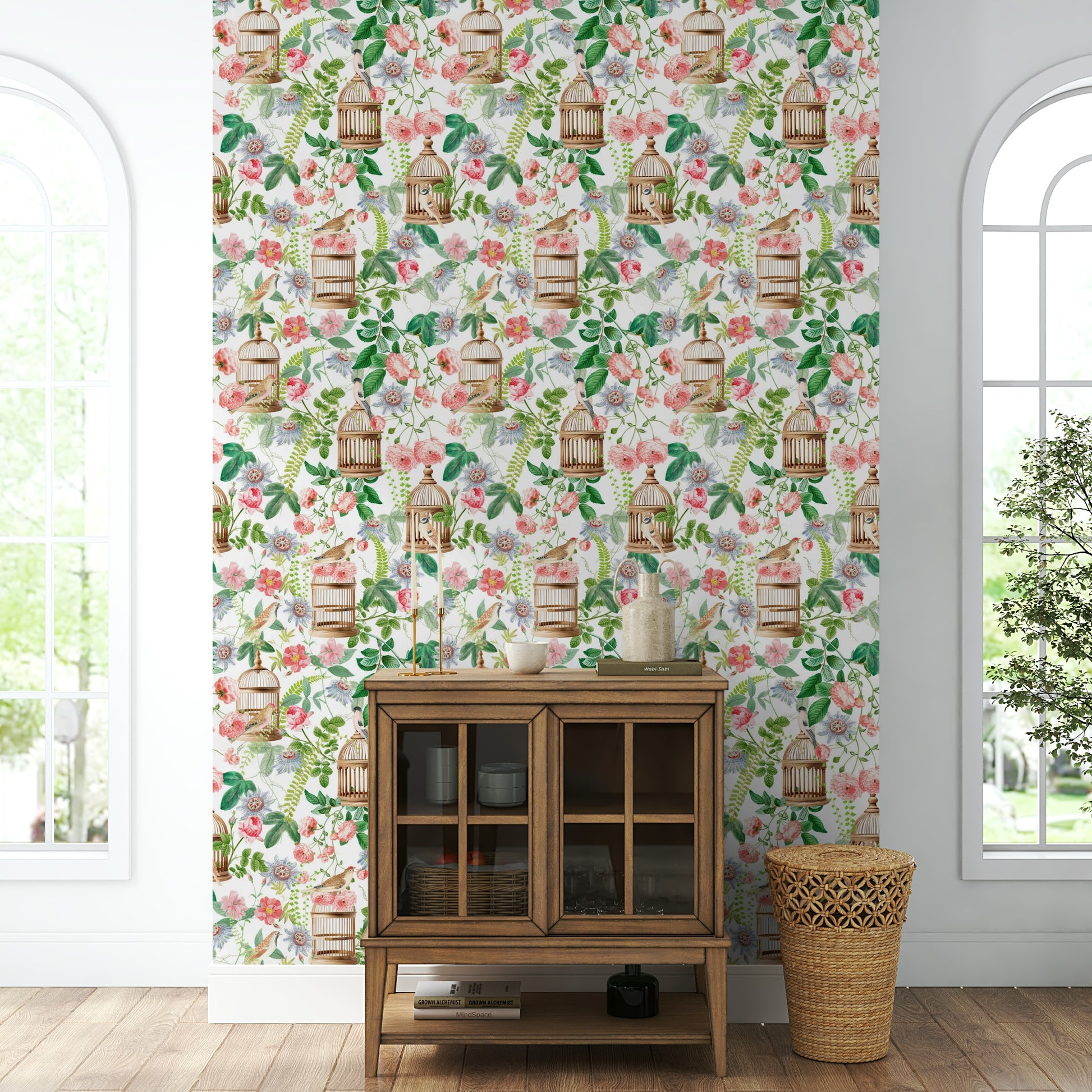 Vintage rose garden wallpaper with birds perched

