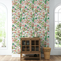 Vintage rose garden wallpaper with birds perched

