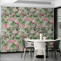 Wallpaper with calming botanical garden illustration in soft tones

