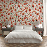 Lively orange poppies floral wallpaper for home decor

