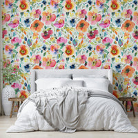 Spring poppies vintage wallpaper with a psychedelic style in orange

