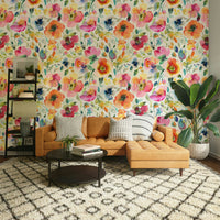 Retro orange wallpaper with swirling psychedelic poppies pattern

