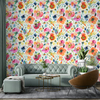 Retro-inspired psychedelic poppies wallpaper in orange tones

