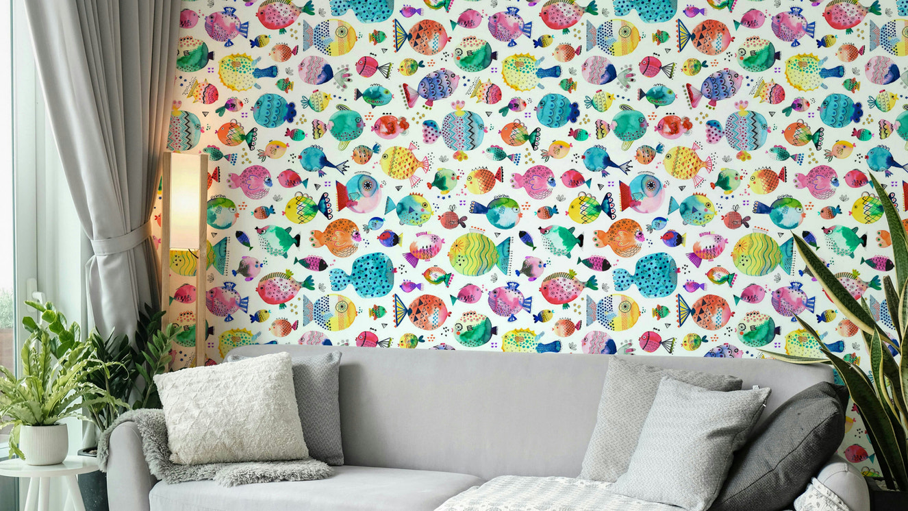 Playful sea puffer fishes wallpaper for children’s rooms

