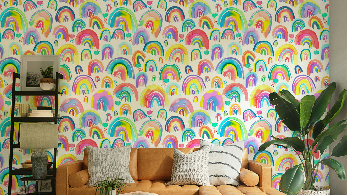 Bright and cheerful watercolor rainbow wall covering

