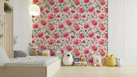Romantic watercolor rose wallpaper in red and green palette

