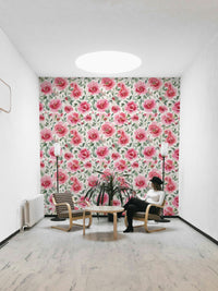 Soft watercolor roses in red and green on wallpaper

