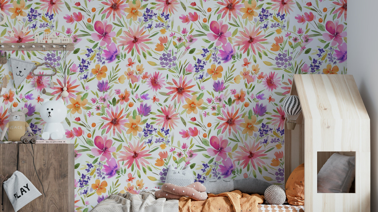 Fresh spring floral wallpaper showcasing dahlias in garden

