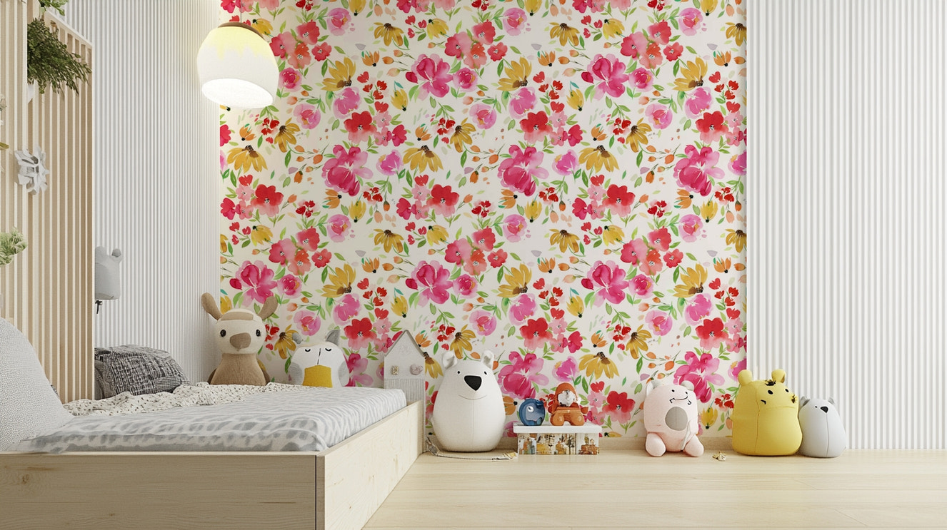 Bright spring floral wallpaper featuring pink and yellow blooms

