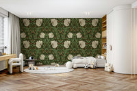 Traditional floral motifs in William Morris Pimpernel wallpaper

