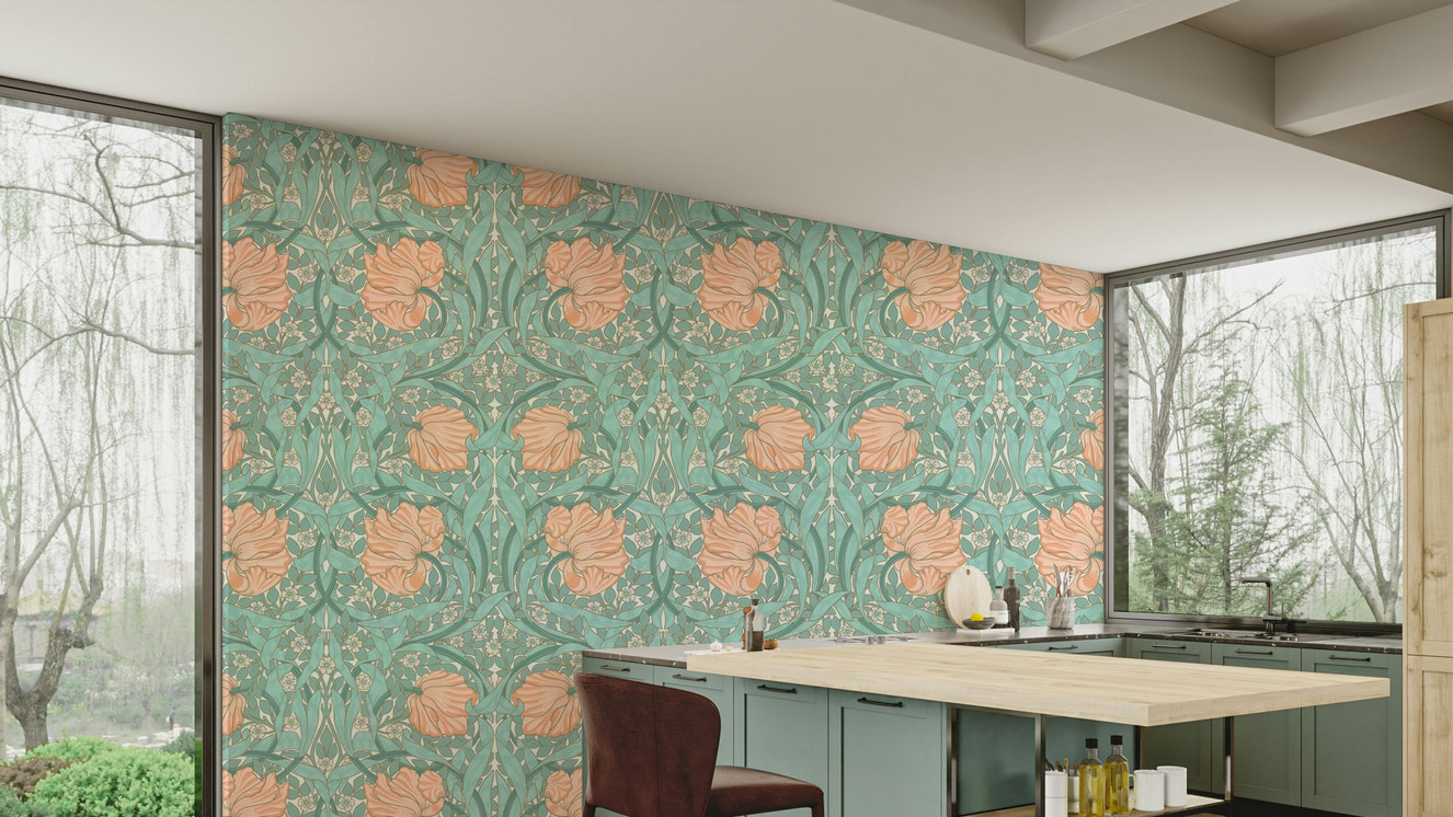 Pimpernel wallpaper by William Morris with floral design

