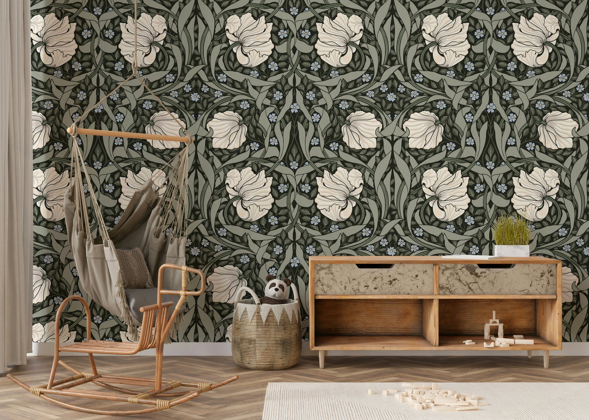Pimpernel by William Morris wallpaper in a room setting

