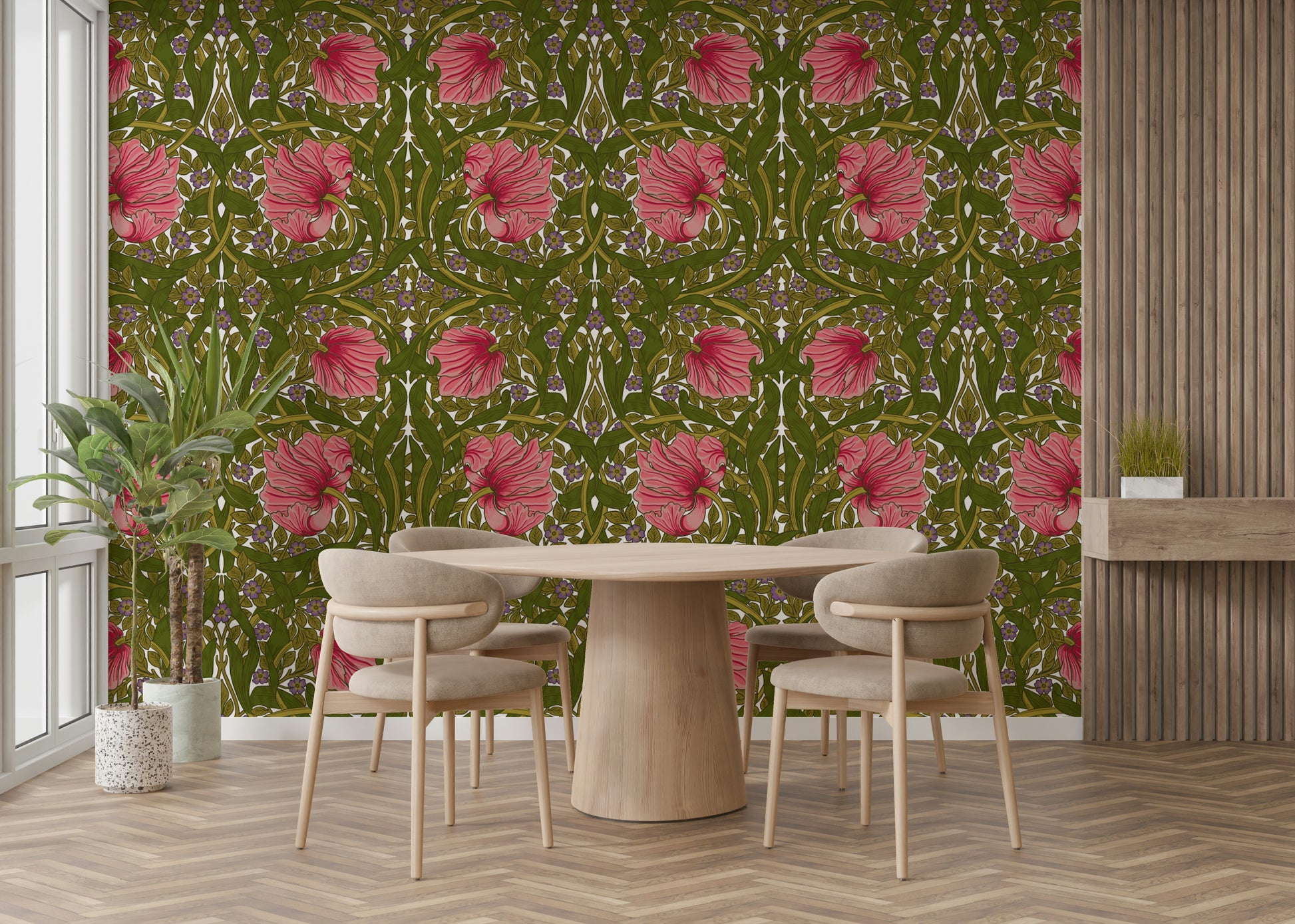 Elegant floral wallpaper featuring Pimpernel pattern.

