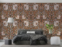 Classic floral pattern of Pimpernel wallpaper by William Morris.

