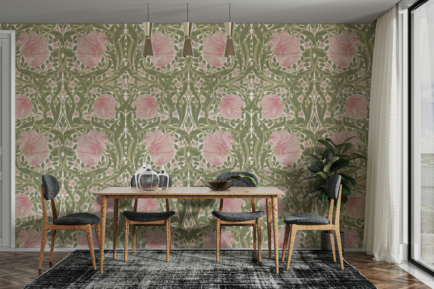 William Morris' Pimpernel wallpaper with floral design.

