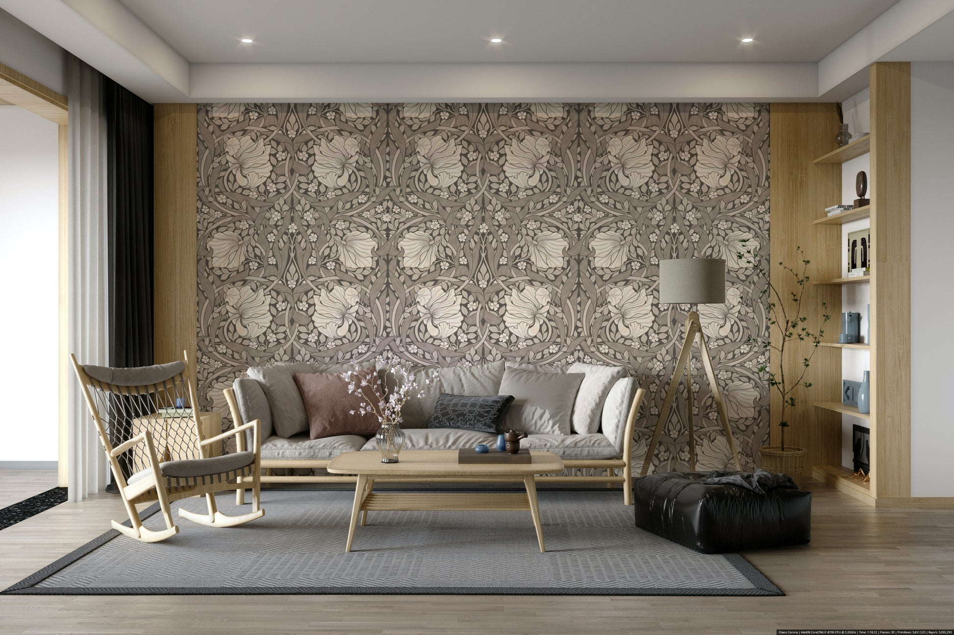 Rich floral motifs on Pimpernel wallpaper by William Morris

