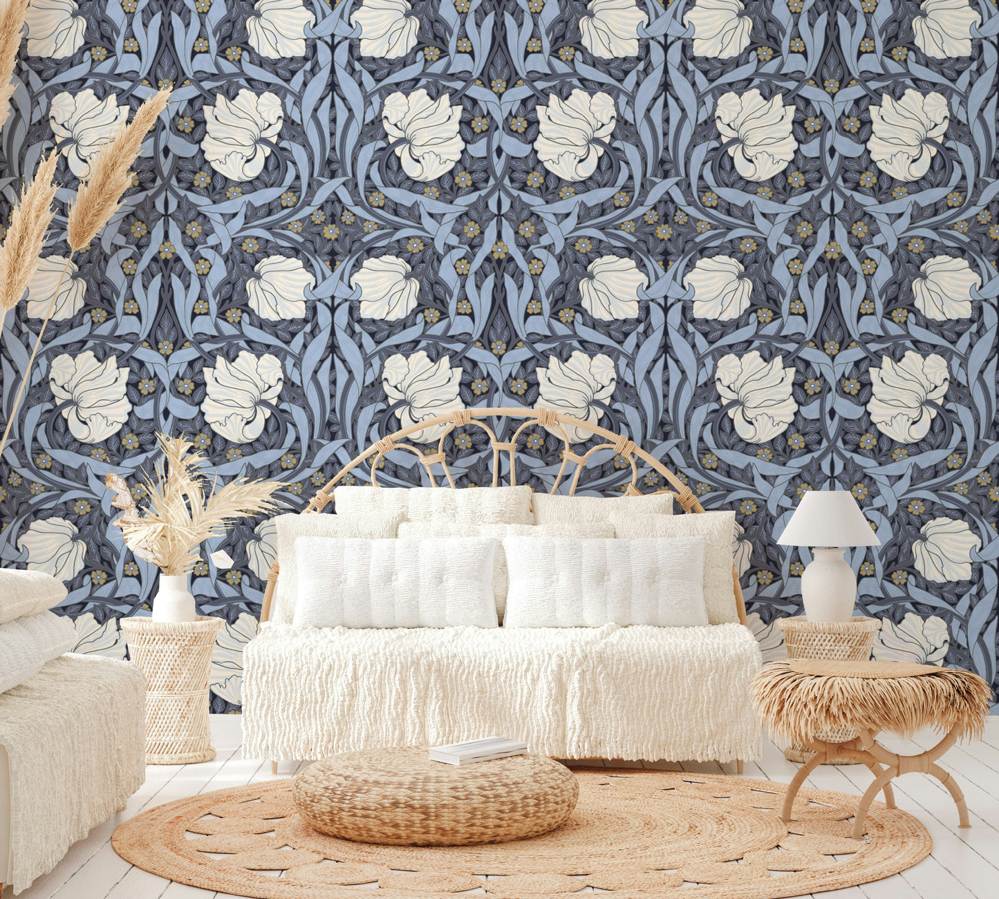 Pimpernel Wallpaper by William Morris in soft tones.

