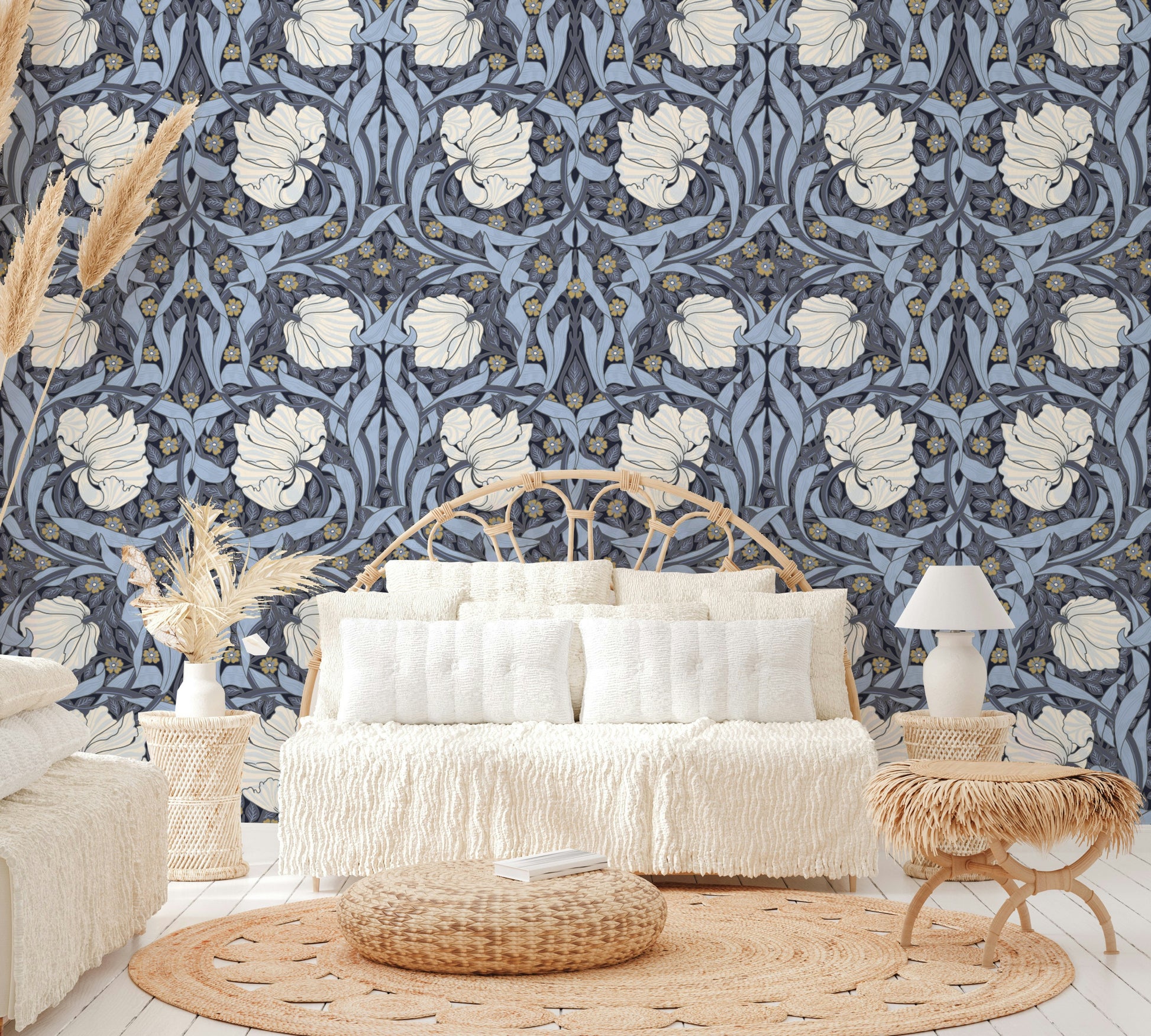 Pimpernel Wallpaper by William Morris in soft tones.

