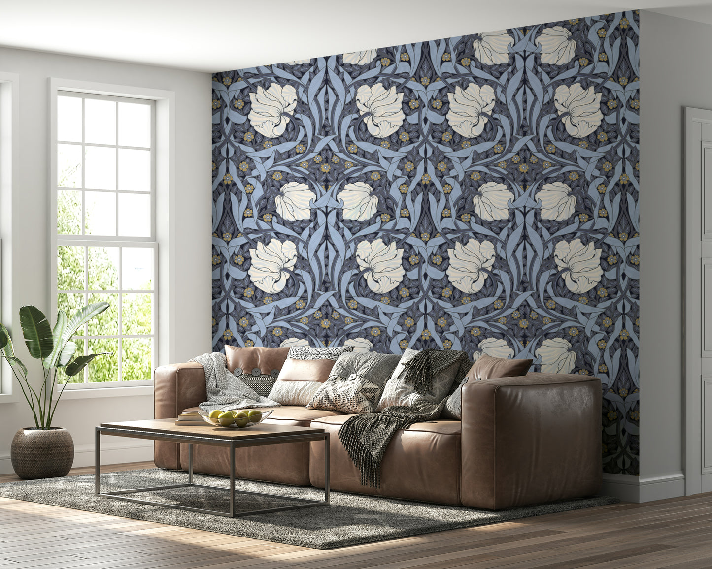 William Morris Pimpernel wallpaper with intricate patterns.

