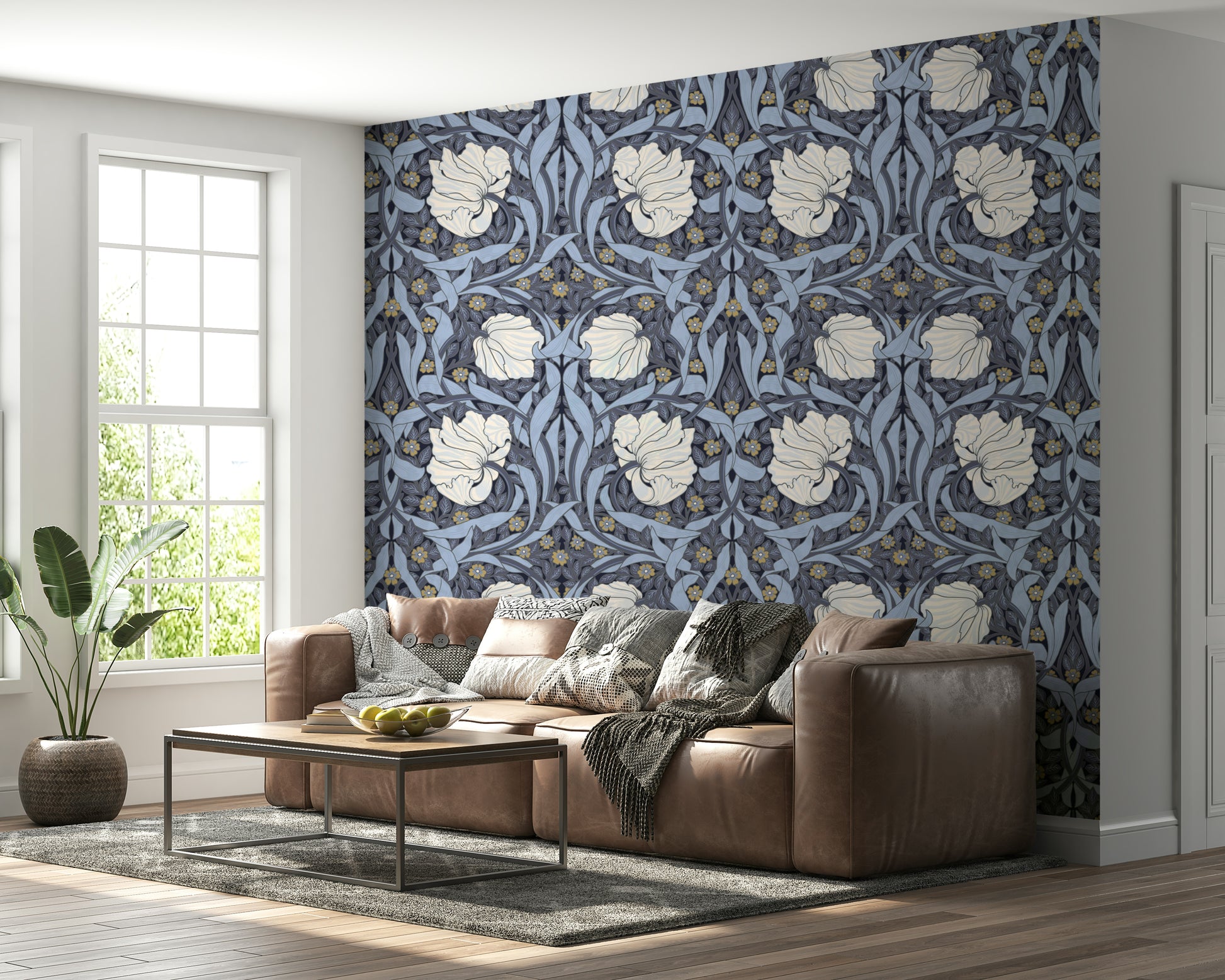 William Morris Pimpernel wallpaper with intricate patterns.

