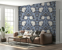 William Morris Pimpernel wallpaper with intricate patterns.

