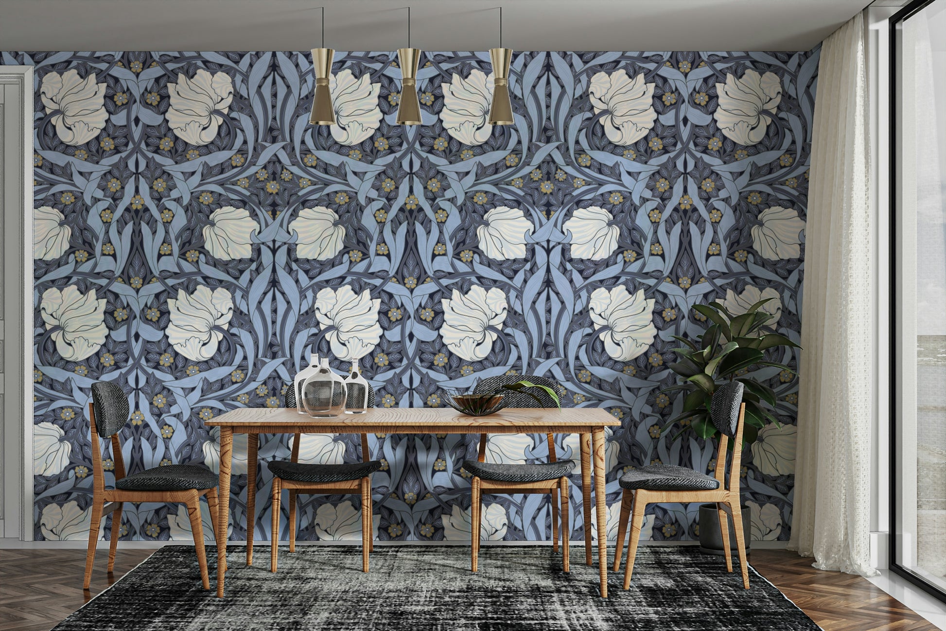 Elegant floral design of Pimpernel wallpaper by Morris.


