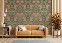 Floral and botanical patterns in Pimpernel wallpaper by William Morris.