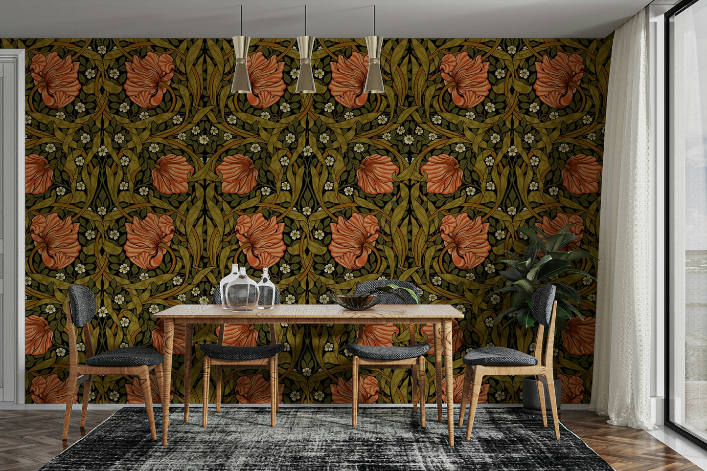 Detailed floral Pimpernel wallpaper by William Morris for walls.

