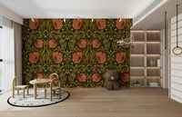 Intricate floral print Pimpernel wallpaper by William Morris.

