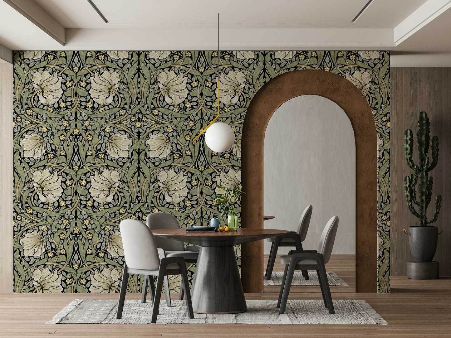Elegant Pimpernel wallpaper by William Morris in a living room.

