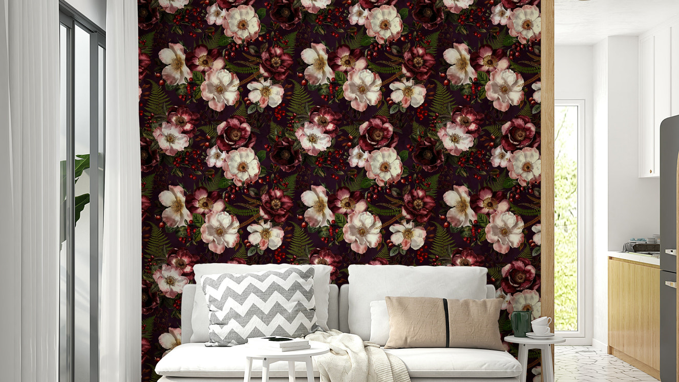 Romantic vintage wallpaper featuring deep rose blooms.

