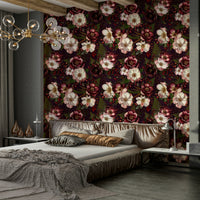 Vintage floral wallpaper featuring dark rose patterns.

