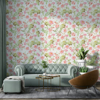 Elegant blush rose pattern wallpaper for modern living rooms.

