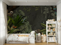 Exotic jungle night scene with wild animals mural

