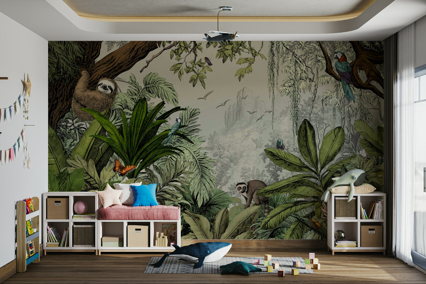 Deep jungle ambiance wallpaper with green leaves design

