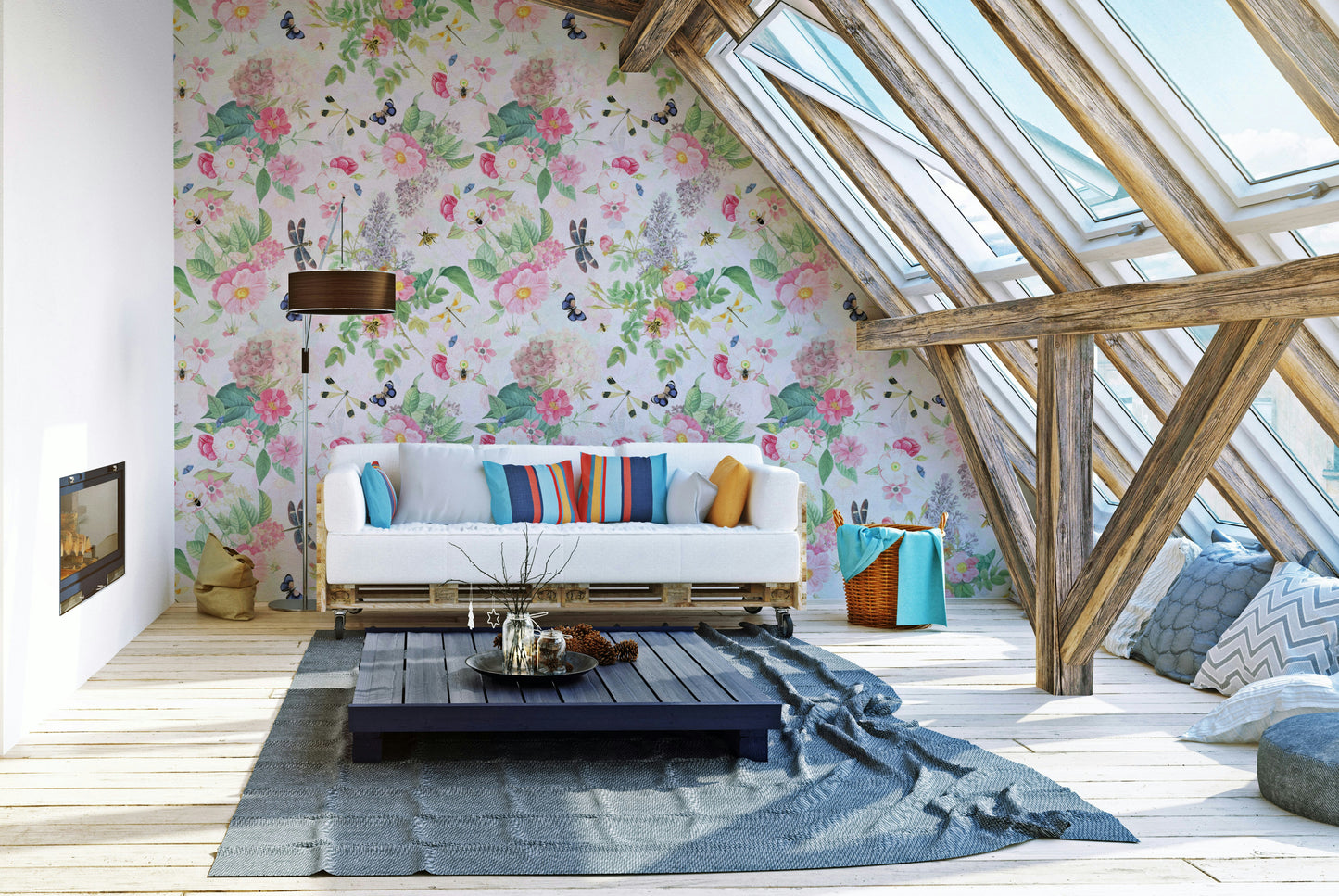 Classic floral wallpaper with soft roses for vintage-themed rooms.

